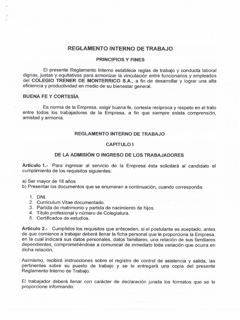 Reglamento Interno de Trabajo | PDF
