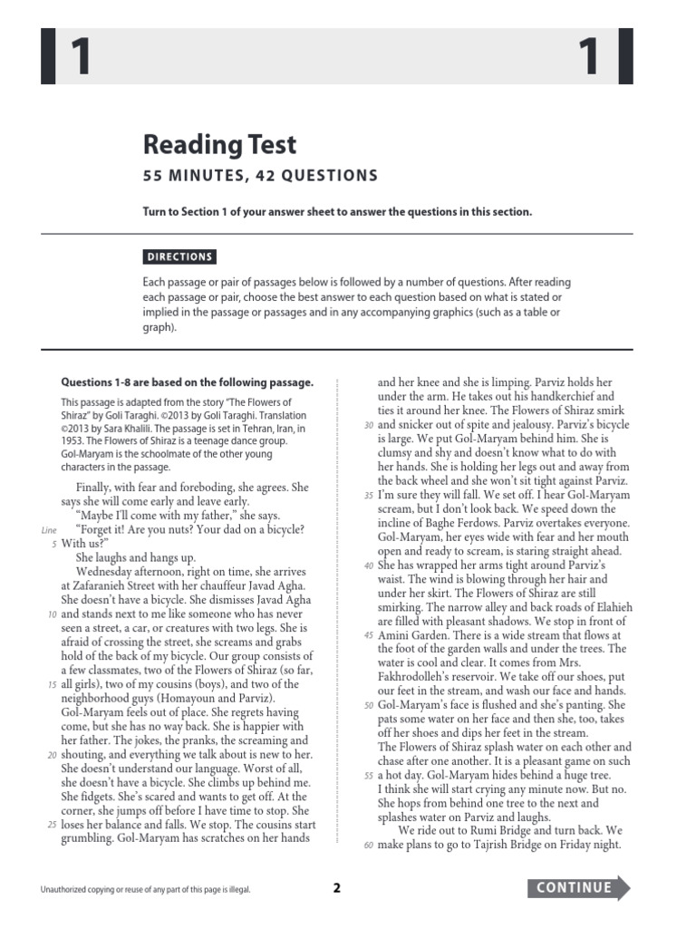 PSAT+Practice+Test+ (Reading+2) + (Questions+1 8) | PDF