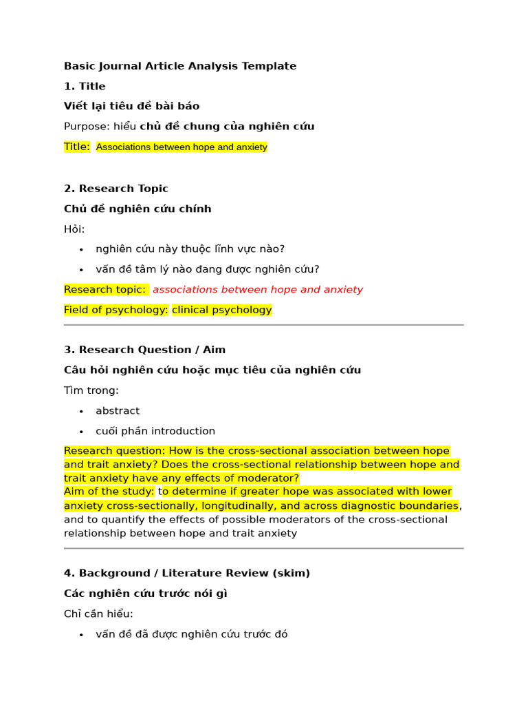 Basic Journal Article Analysis Template | PDF | Anxiety | Meta Analysis