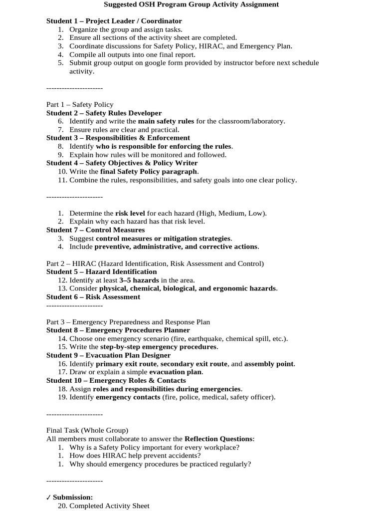 Suggested OSH Program Group Activity Assignment | PDF