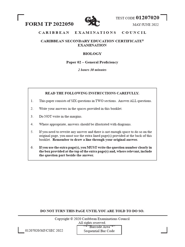 CSEC Biology P2 2022 (Done) | PDF