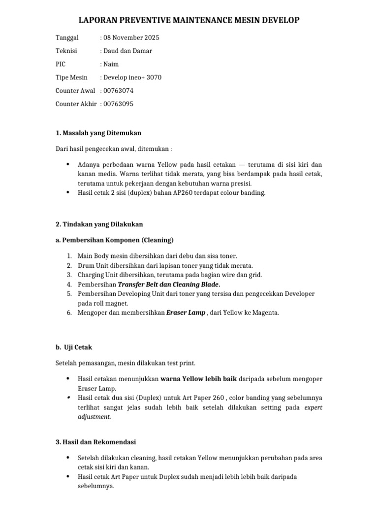 Laporan Preventive Maintenance Develop 3070 - 08 NOV 2025 | PDF