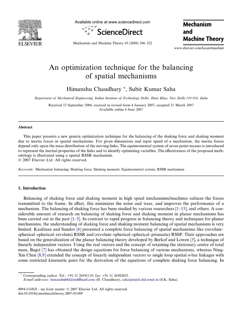 An Optimization Technique For The Balancing of Spatial Mechanisms | PDF ...