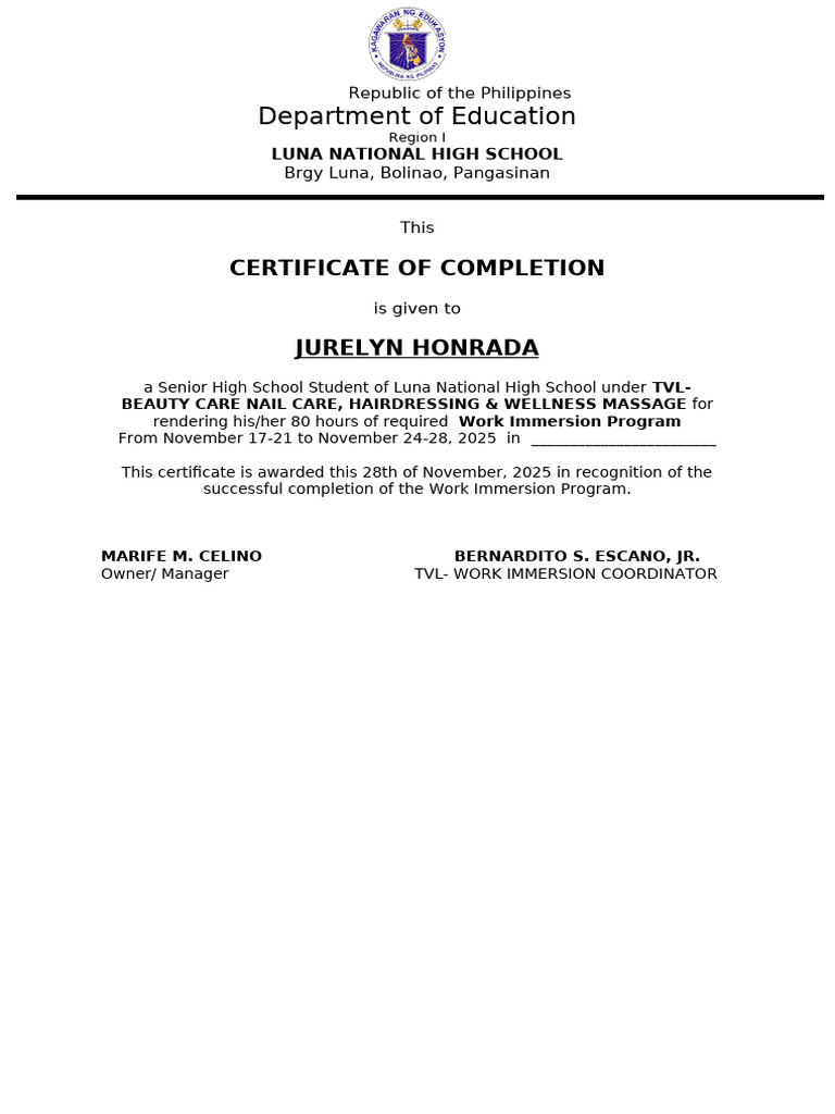 Certificate of Completion Work Immersion | PDF