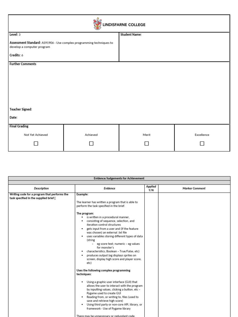 Assessment Marking Grid AS91906 | PDF | Computer Program | Programming