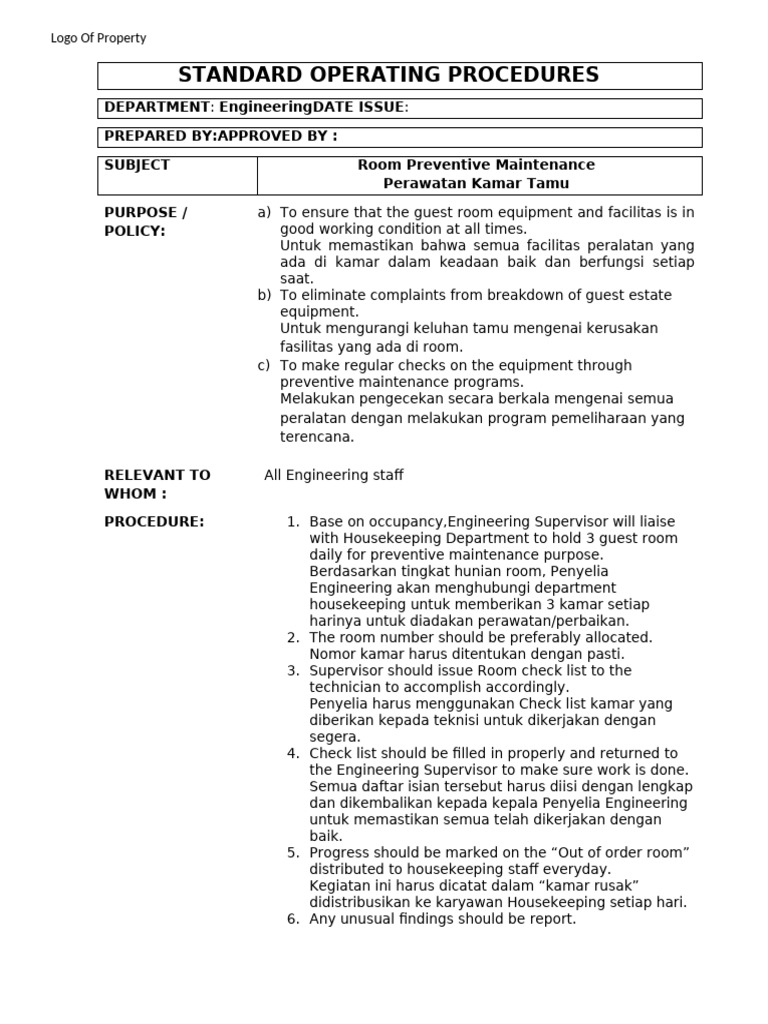 SOP 1 RoomMaintenance | PDF