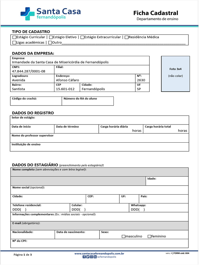 FORM 004 Ficha Cadastral de Estágios Eletivos Ligas e Residência | PDF