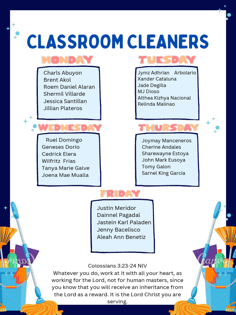Blue and White Illustrative Classroom Cleaners Classroom Poster | PDF