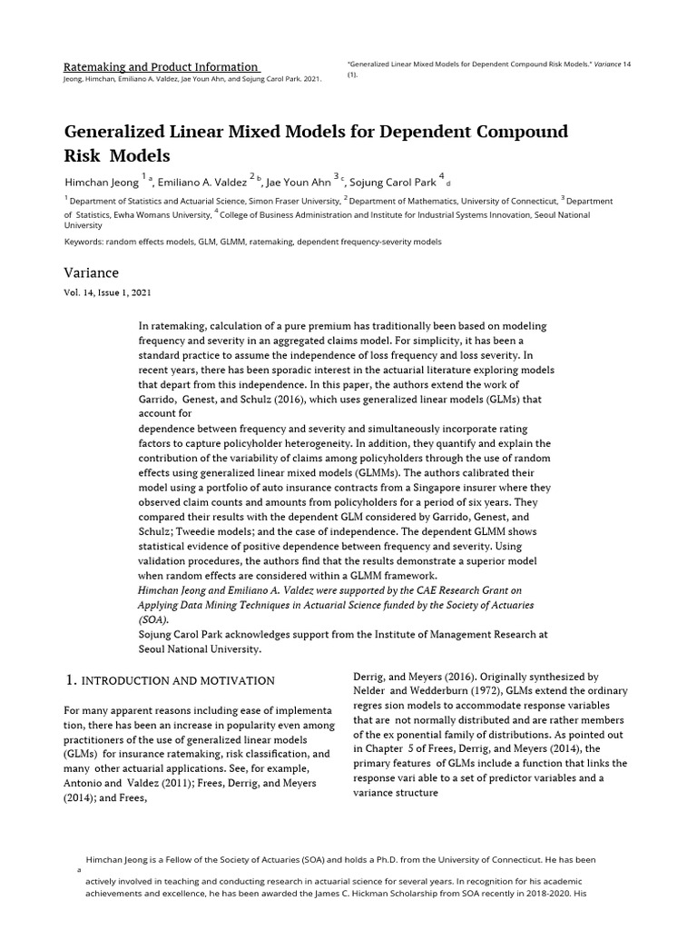 Generalized Linear Mixed Models For Dependent Compound Risk Models ...