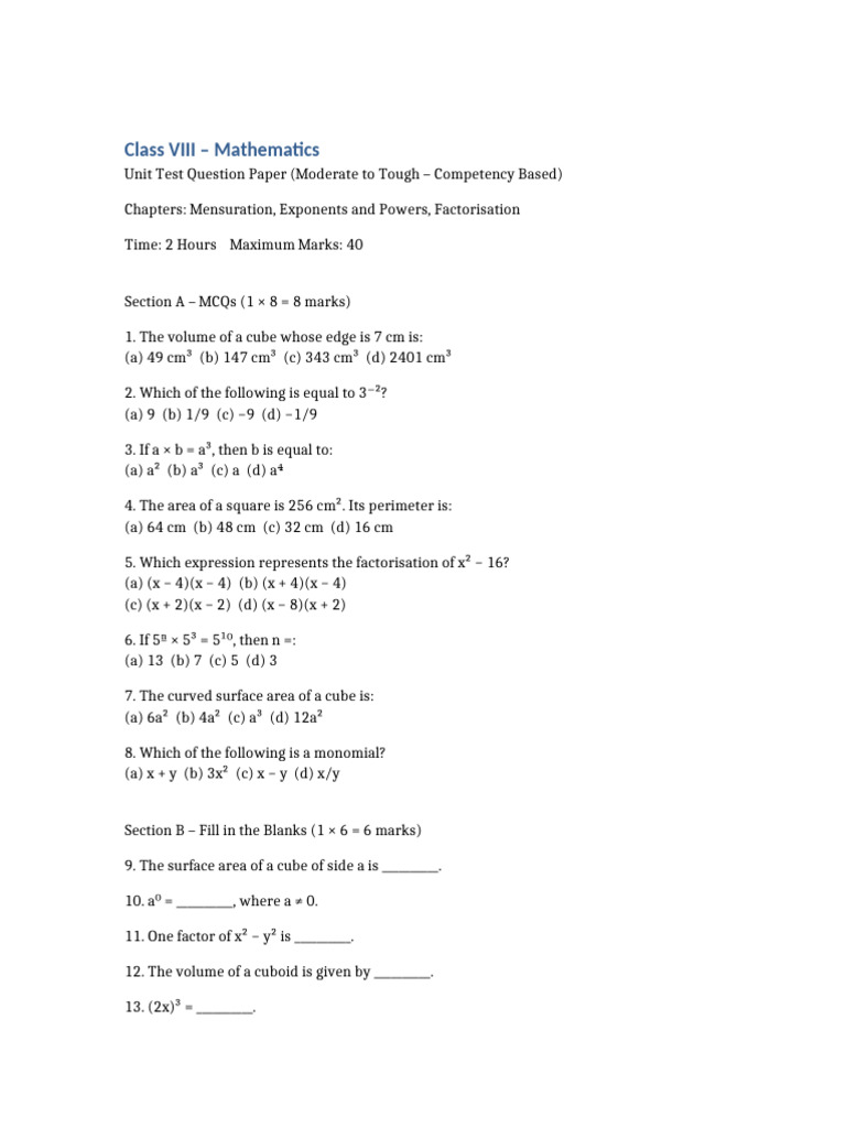 Class 8 Maths Mensuration Exponents Factorisation 40M Unit Test | PDF