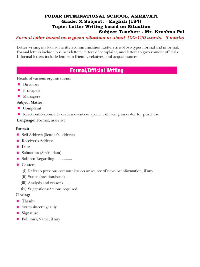 Letter Writing Based On Situation Grade X | PDF