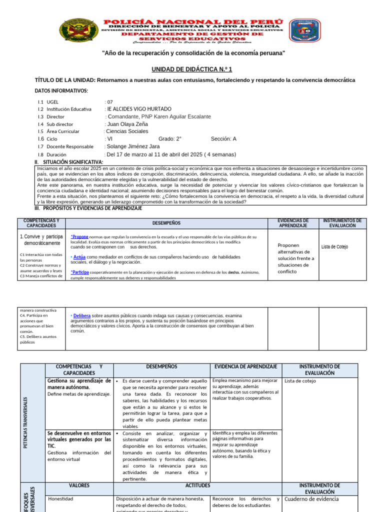 Unidad de Aprendizaje 01 - Secundaria 2026. 2do DPCC | PDF ...