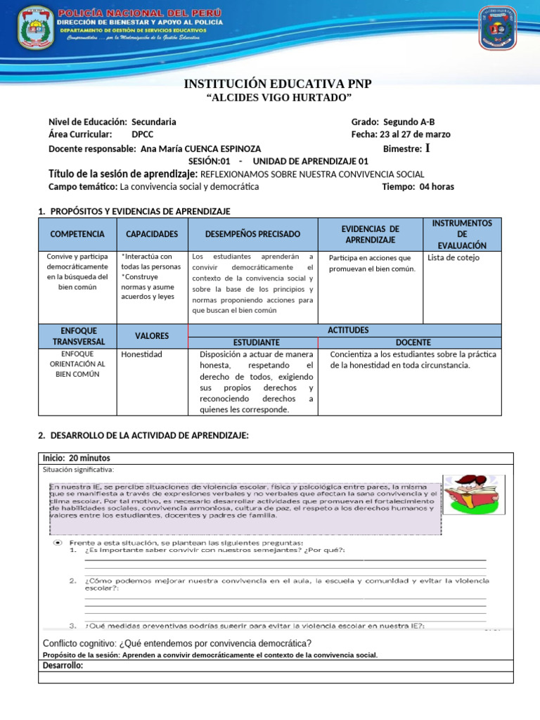Sesión de Aprendizaje 01 DPCC 2do 2026 | PDF