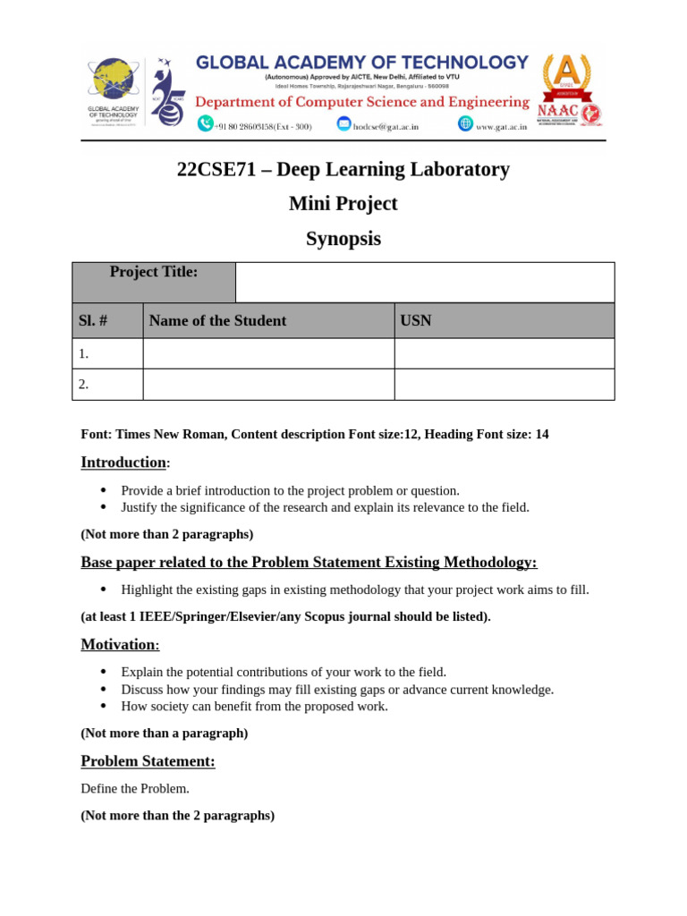 22CSE71 DL LAB Mini Project Synopsis Format | PDF
