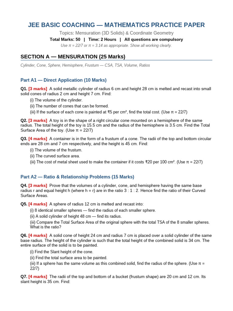 JEE Maths Practice Paper | PDF | Sphere | Triangle