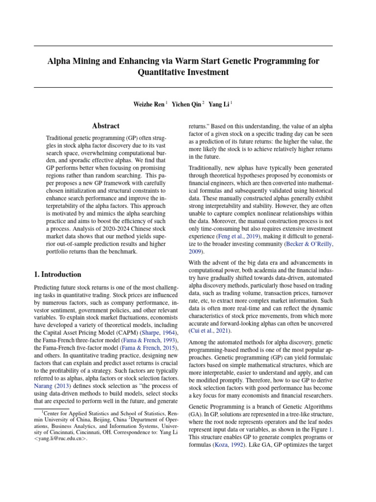 Alpha Mining and Enhancing Via Warm Start Genetic Programming For ...