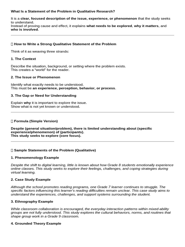 What Is A Statement of The Problem in Qualitative Research | PDF ...