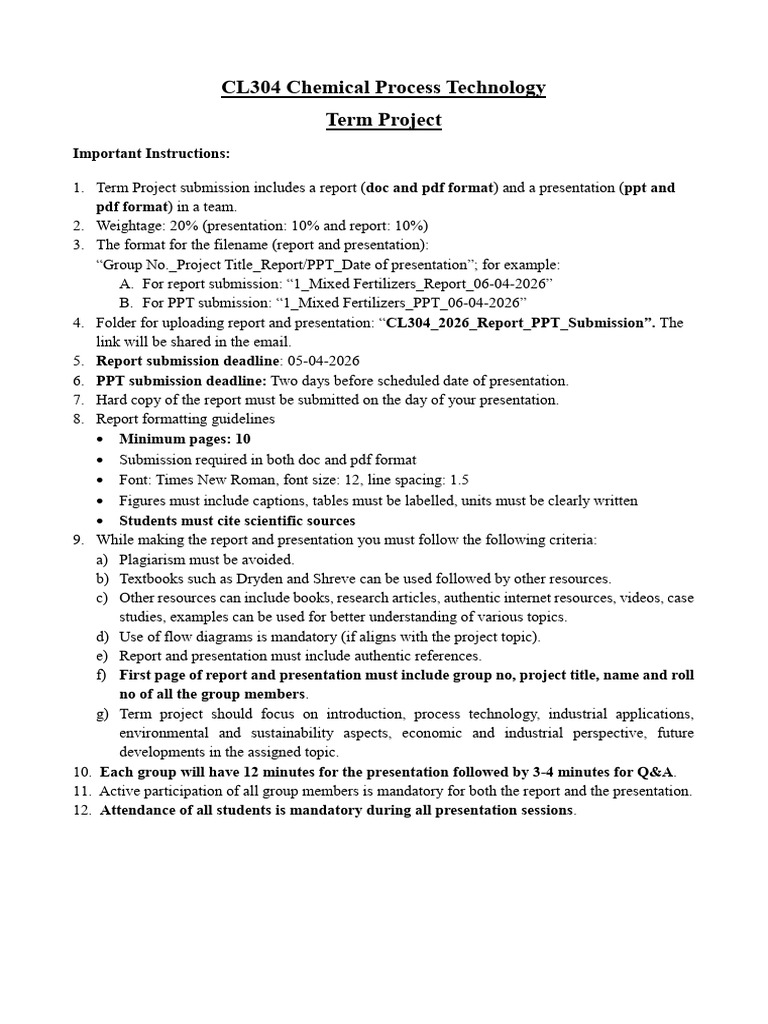 CL304 - CPT - Term Projects - 2026 | PDF | Chemical Substances | Chemistry