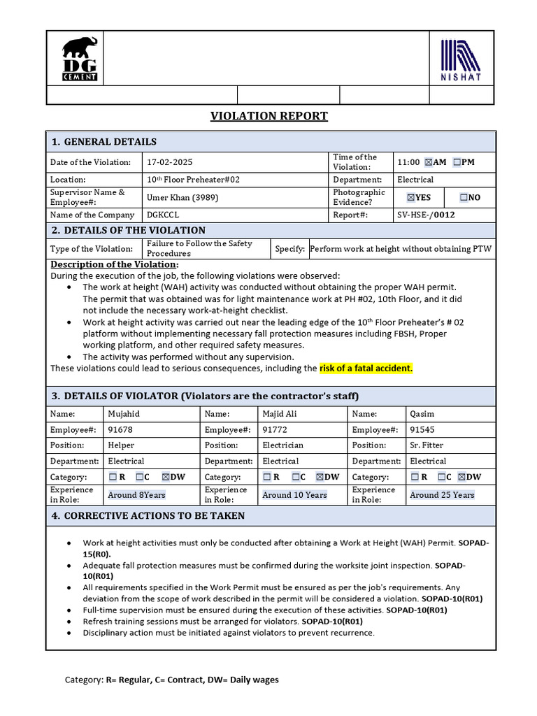 Safety Violation SV HSE 0012 | PDF | Safety