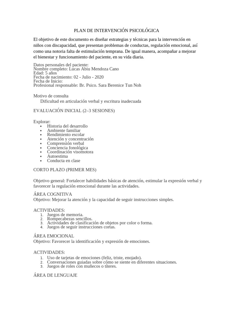 Plan de Intervencion Psicológica - Lucas | PDF