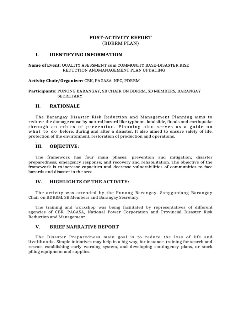 BDRRM Post Activity Report | PDF | Emergency Management | Disaster Risk ...