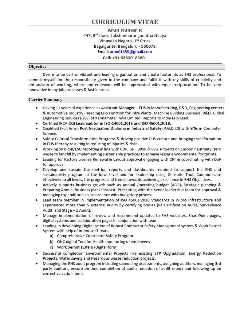 Resume Arun R V1 074659 | PDF | Audit | Regulatory Compliance