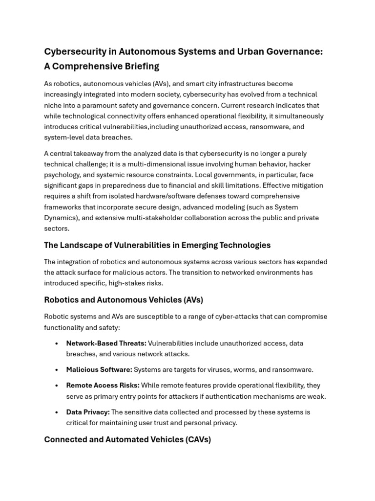 Cybersecurity in Autonomous Systems and Urban Governance | PDF