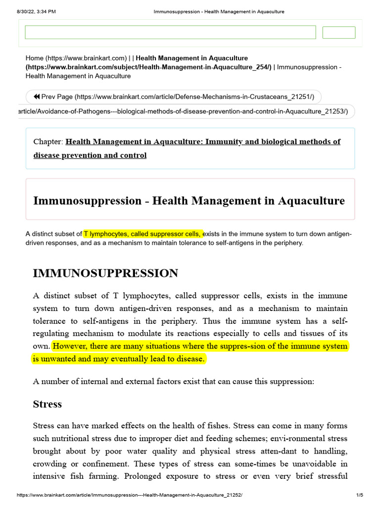 Immunosuppression - Health Management in Aquaculture | PDF | Immune ...