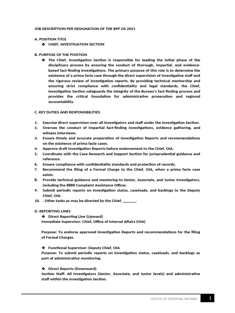 Job Description Chief Investigation Section of The BFP Os 2021 1 | PDF ...