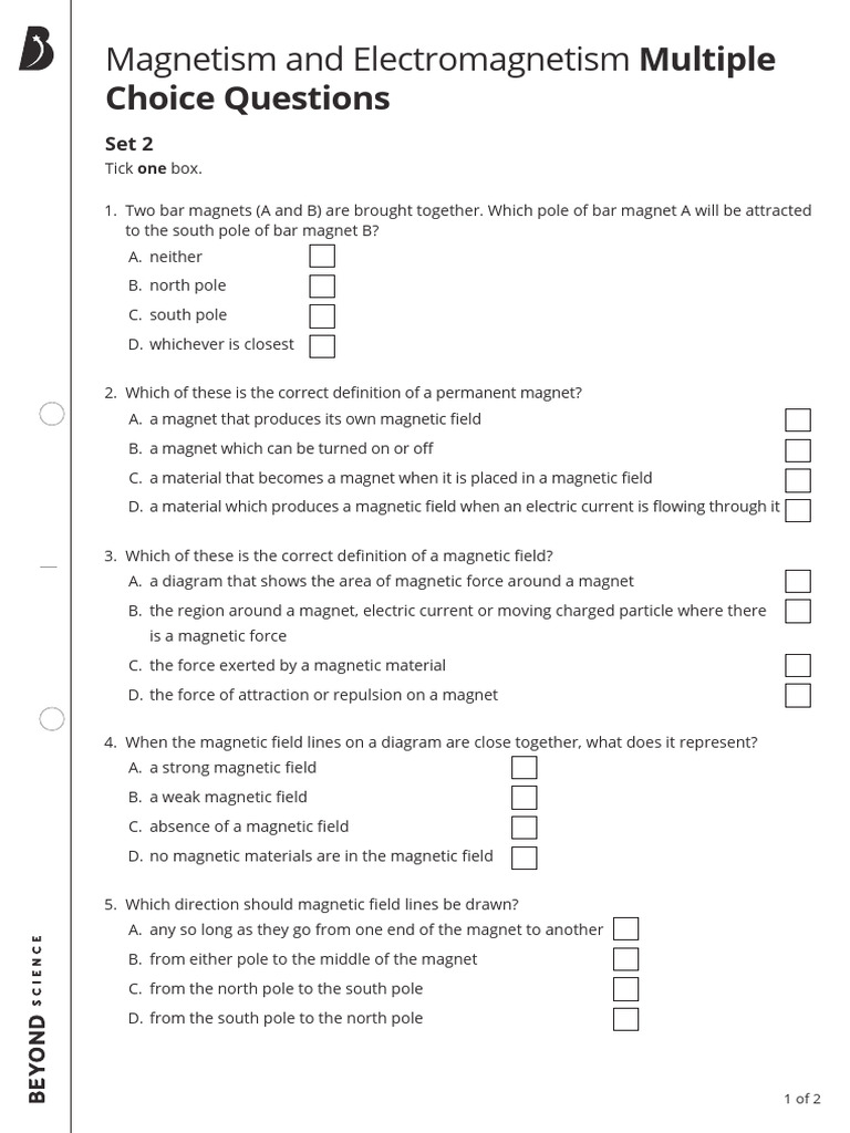 Magnetism and Electromagnetism Multiple Choice Questions Set 2 | PDF ...