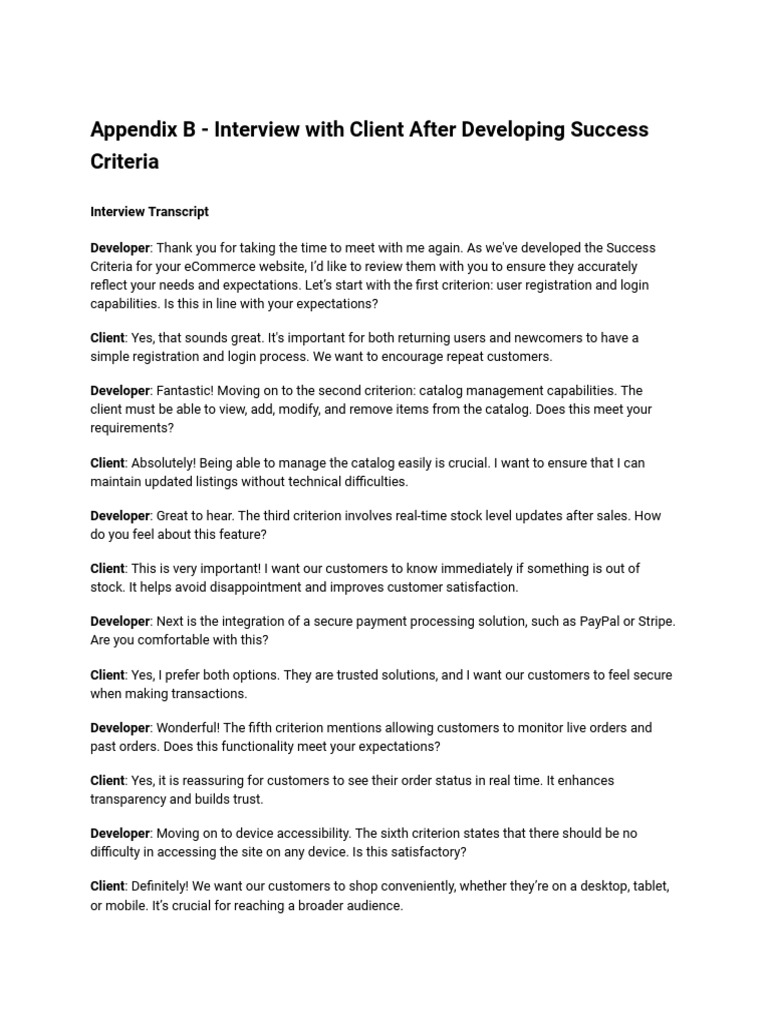 Appendix B - Interview With Client After Developing Success Criteria | PDF