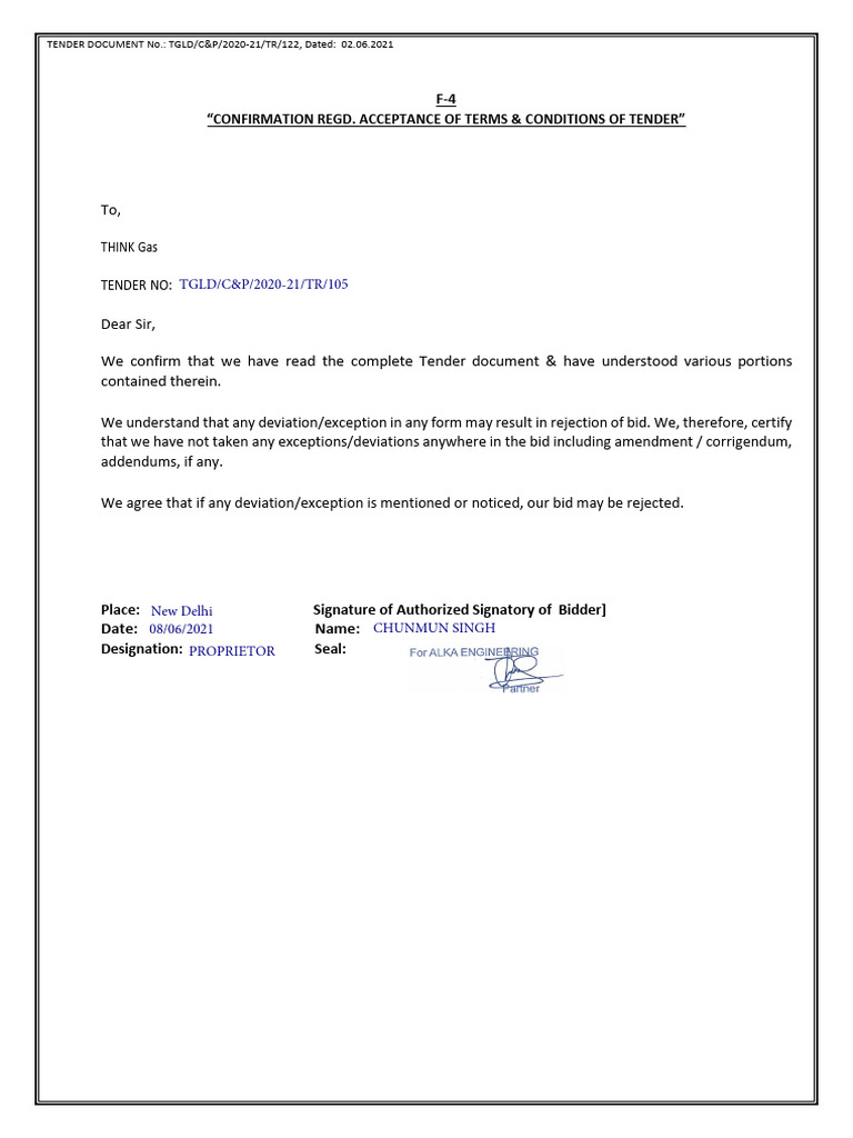 Confirmation Regd. Acceptance of Terms & Conditions of Tender | PDF
