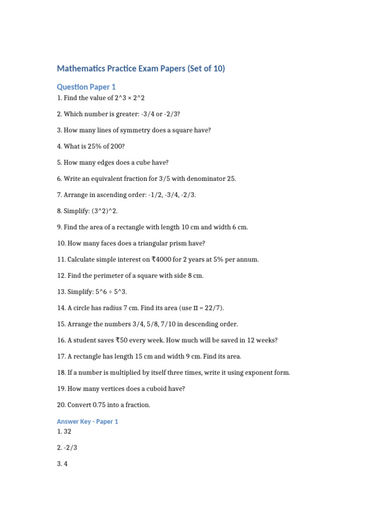 10 Math Exam Papers With Answers | PDF | Area | Length