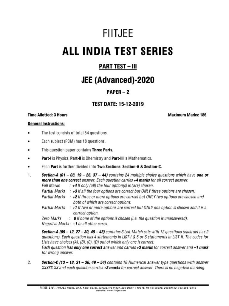 Aits 1920 PT III Jeea Paper 2 | PDF | Electron | Acceleration
