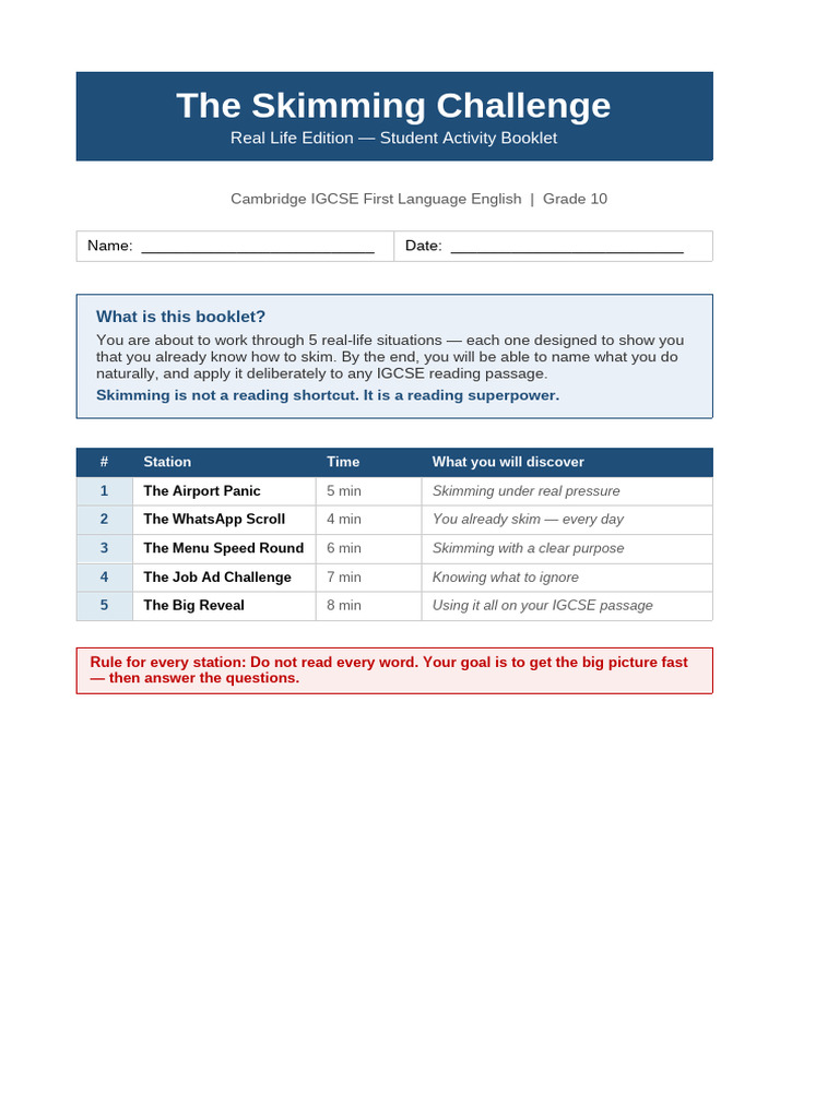 Skimming Student Booklet | PDF | Speed Reading | Menu