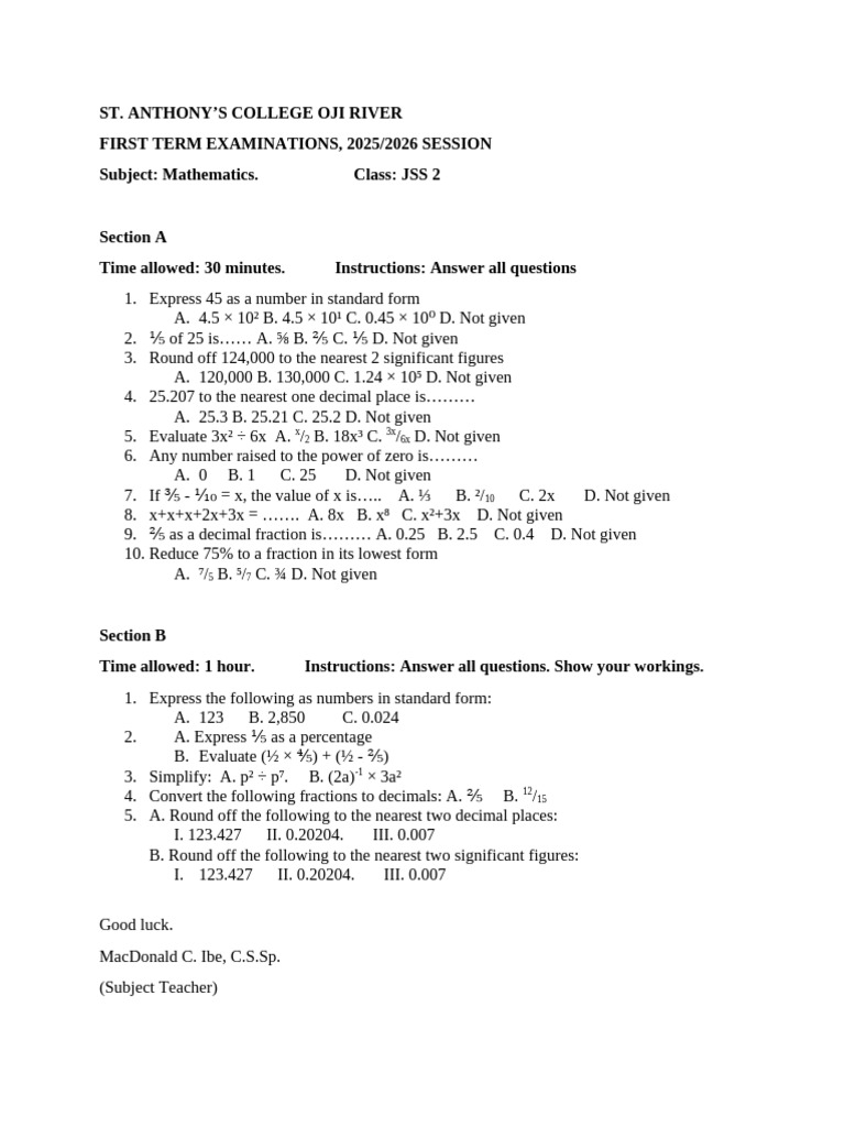 Mathematics JSS 2 First Term Exams | PDF