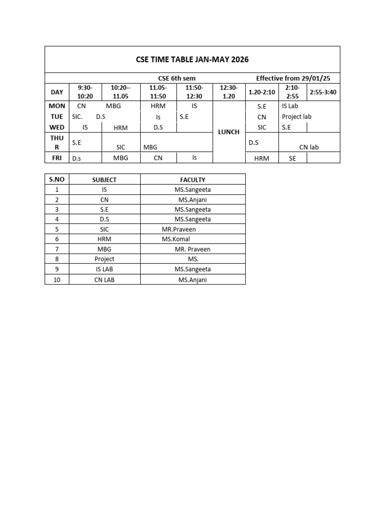 Cse Time Table 2026 | PDF