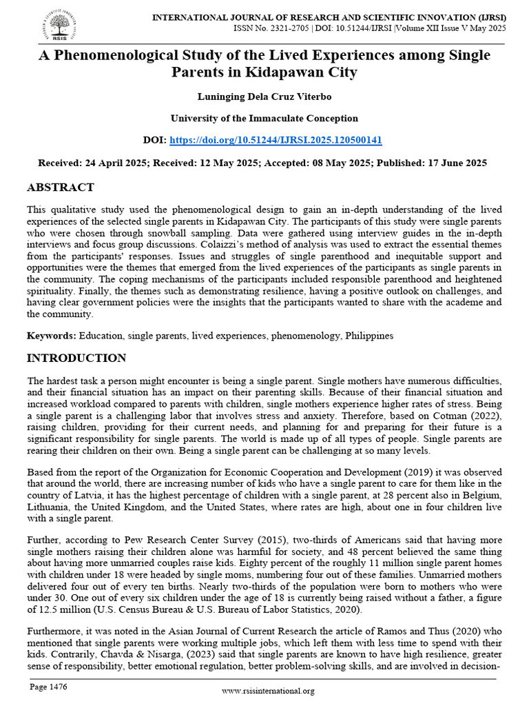 A Phenomenological Study of The Lived Experiences Among Single Parents ...