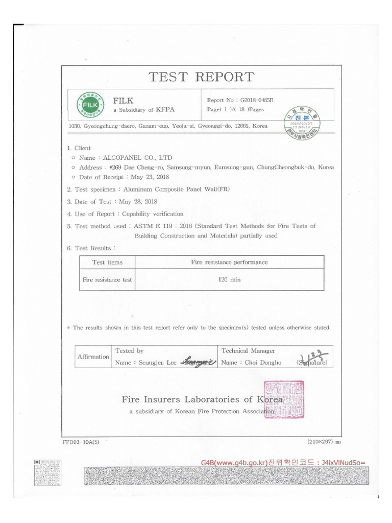 Alcopanel Astm E119 Test Report | PDF