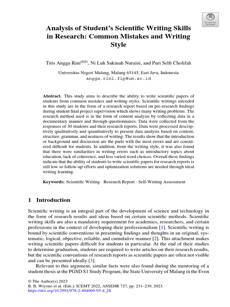 Analysis of Student's Scientific Writing Skills in Research: Common ...