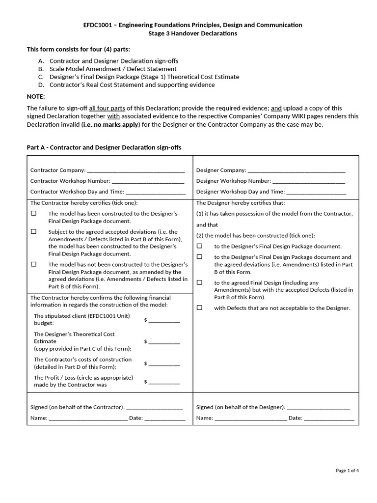 EFDC1001 - Stage 3 - Handover Declarations Form | PDF | Business