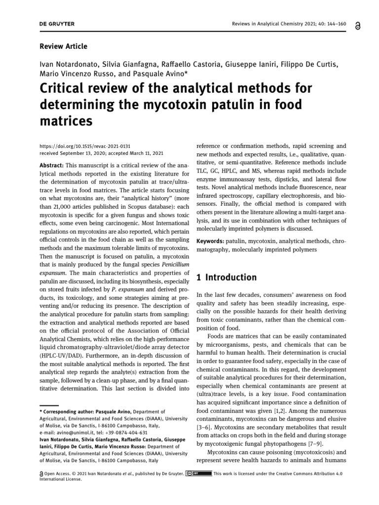Critical Review of The Analytical Methods For Determining The Mycotoxin ...