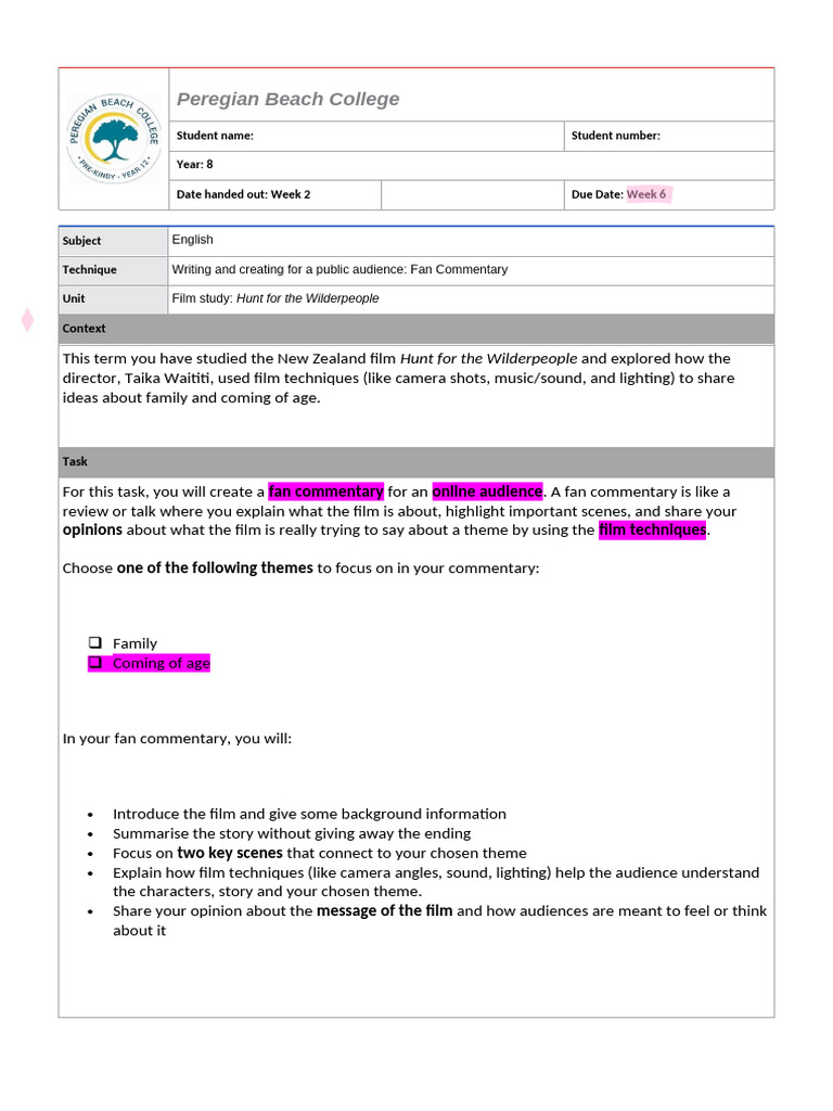 Year 8 Fan Commentary Task Sheet | PDF