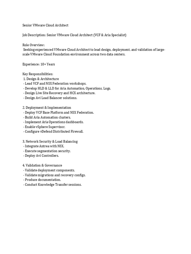 JD - VMware Cloud Architect | PDF