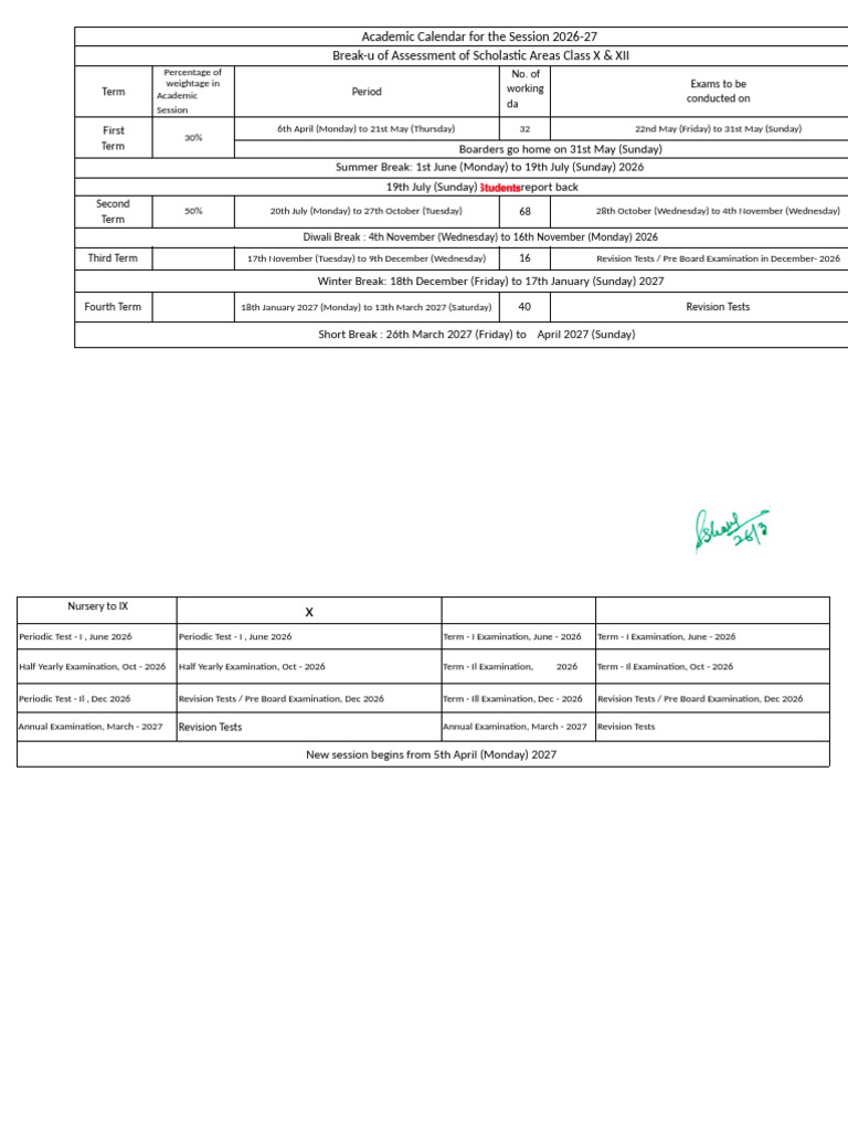 Academic Calendar For The Session 2026-27 Calender of Class X & XII ...