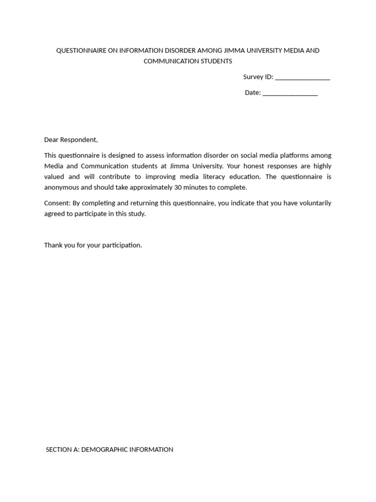Questionnaire On Information Disorder Among Jimma University Media and ...