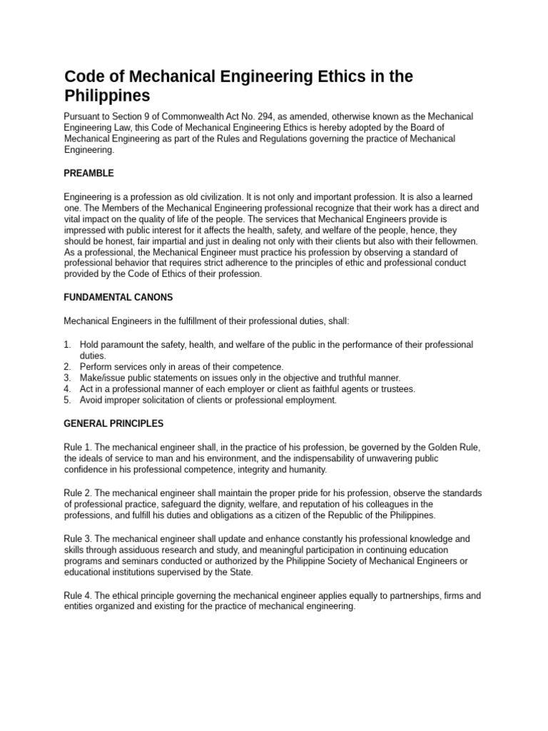 Code of Mechanical Engineering Ethics in The Philippines | PDF ...