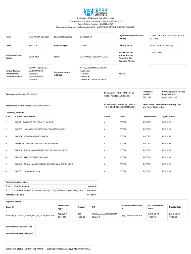 2026 IGNOU Exam Form Fillup | PDF