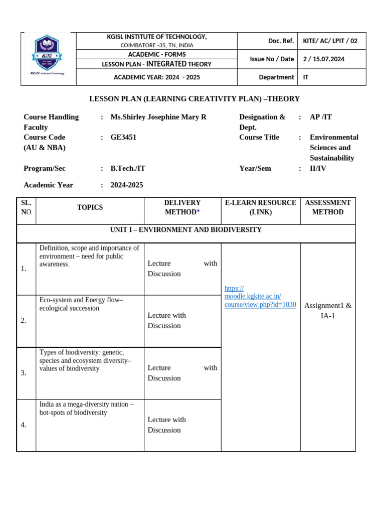 ESS Lesson Plan-IT | PDF | Sustainability | Biodiversity