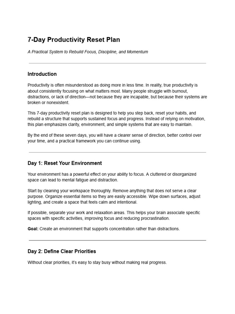 7-Day Productivity Reset Plan | PDF | Disciplines | Motivation